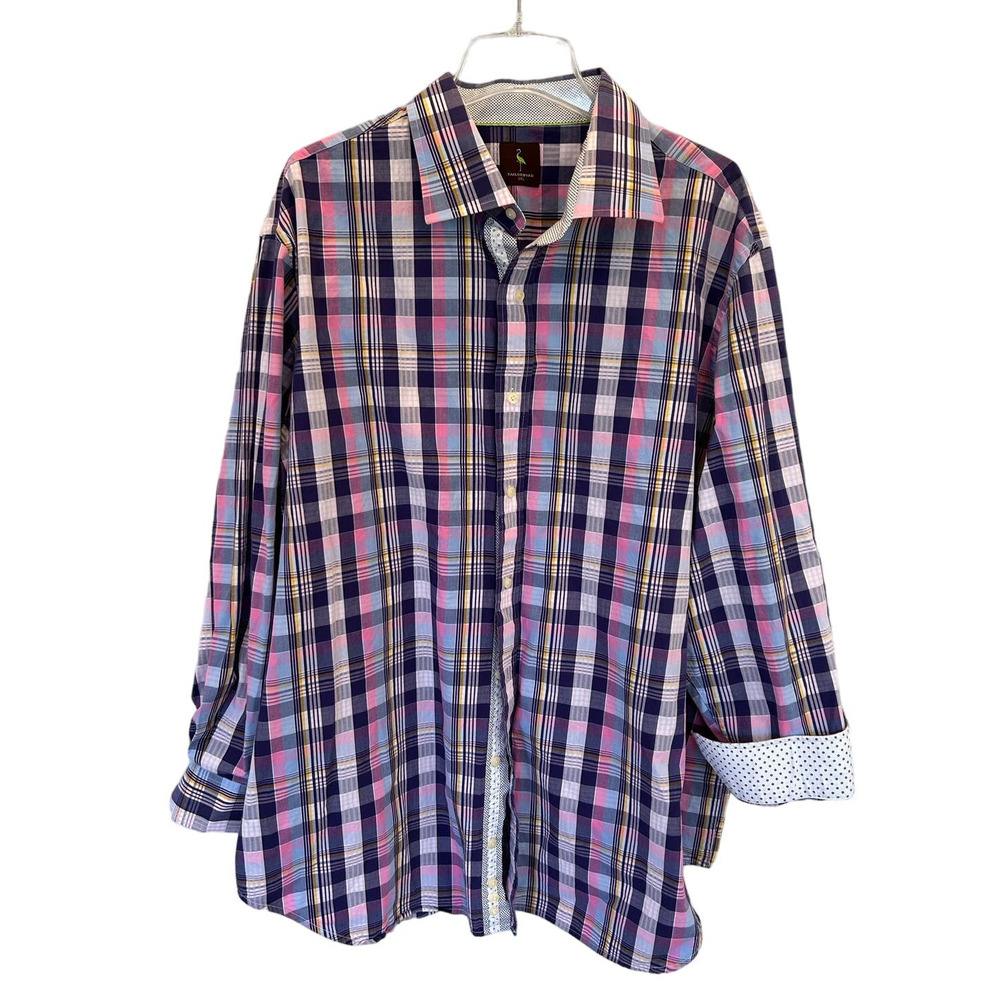 EUC Tailor Byrd Pastel Blue‎ Pink Plaid Button Up Long Sleeve Flip Cuff Size 2XL